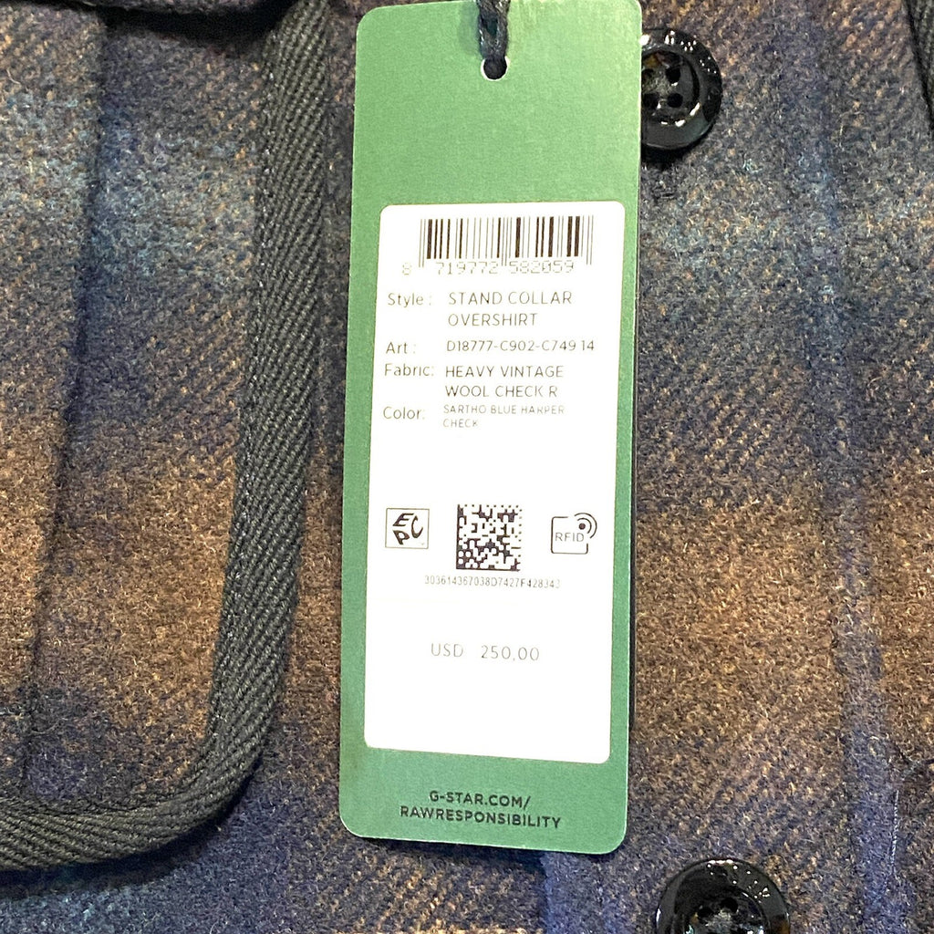 G STAR RAW Mens Stand Collar Wool Overshirt Jacket Plaid Check Blue (MSRP $250)