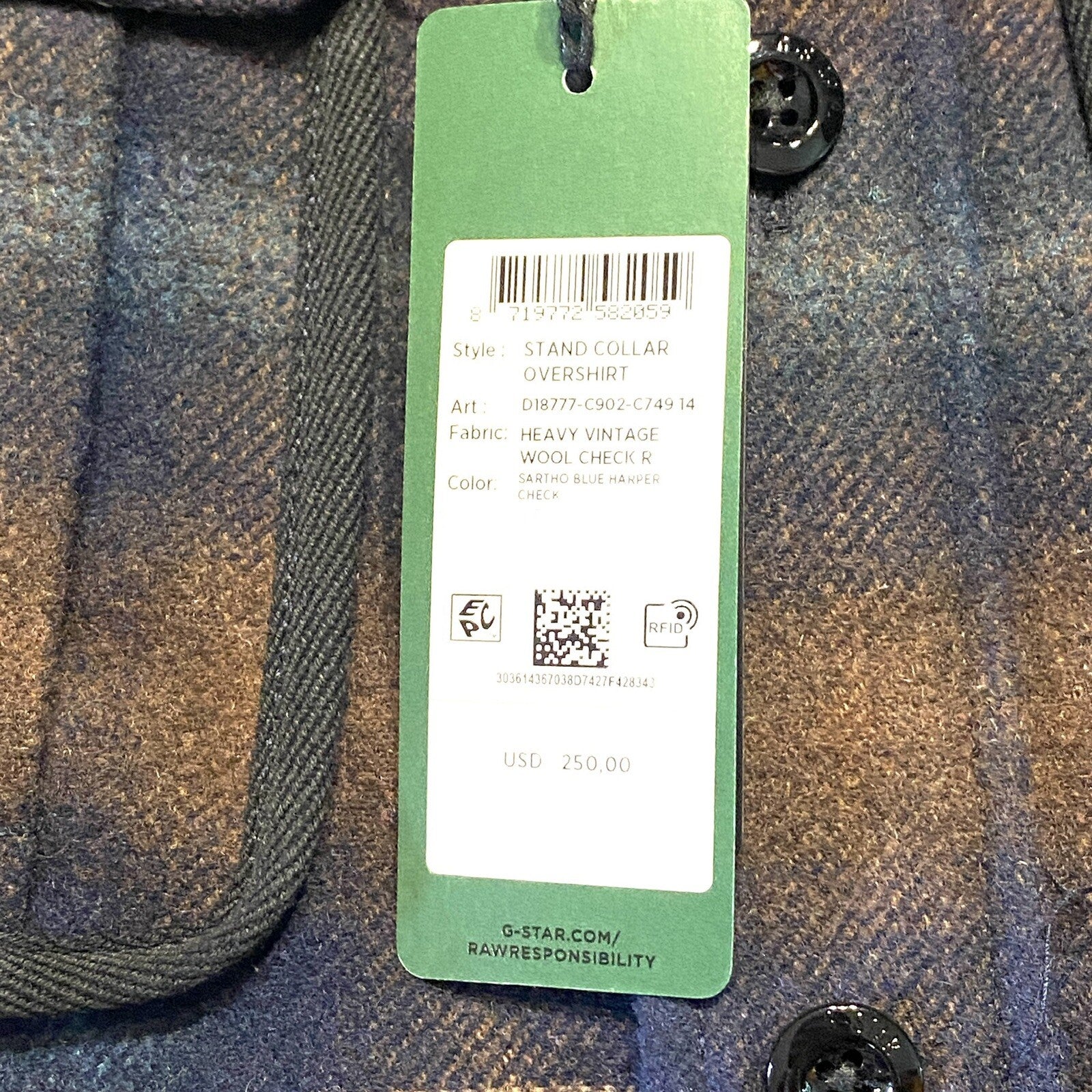 G STAR RAW Mens Stand Collar Wool Overshirt Jacket Plaid Check Blue (MSRP $250)