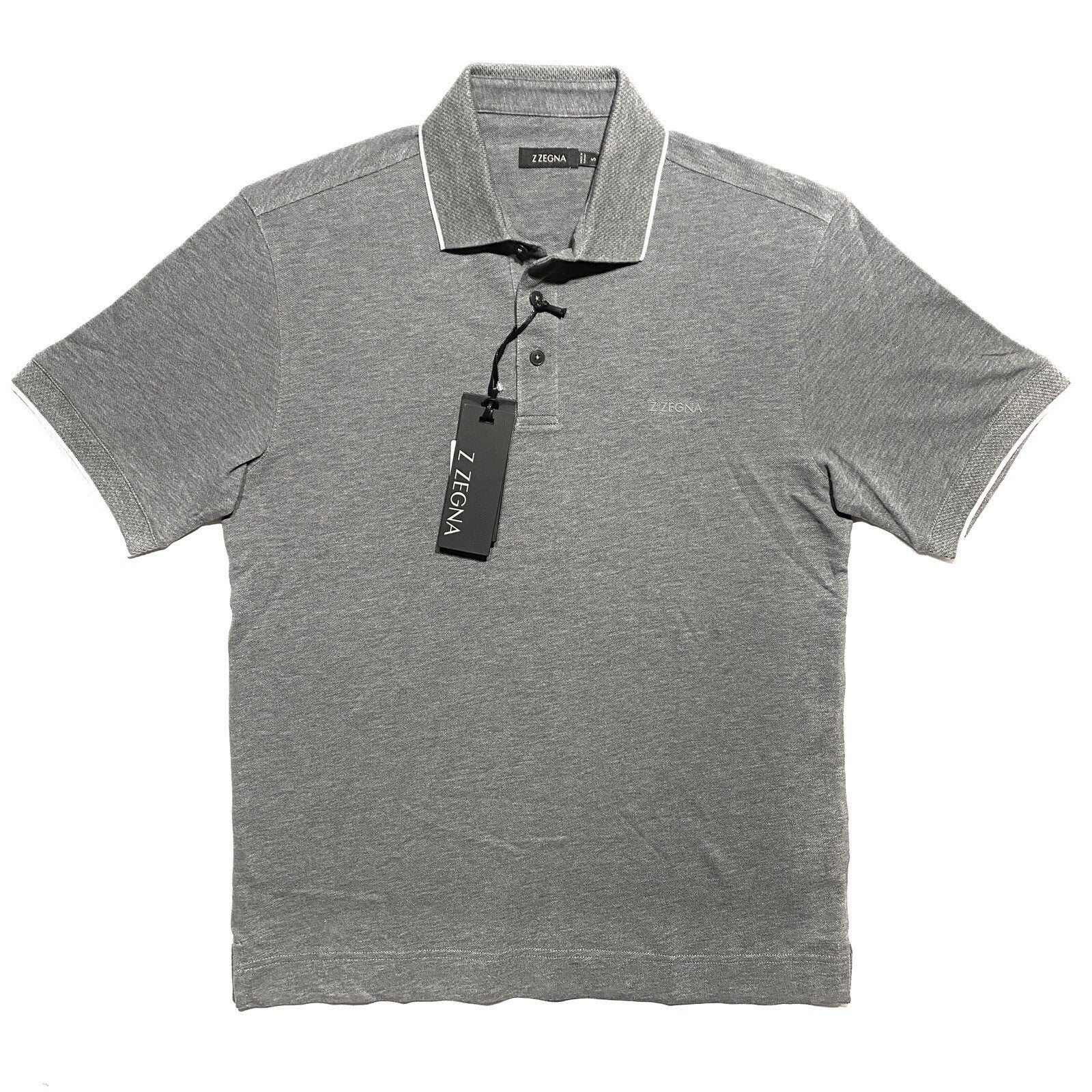 Z ZEGNA Mens Short Sleeve Pique Cotton Logo Polo Shirt Heather Grey S -MSRP $225