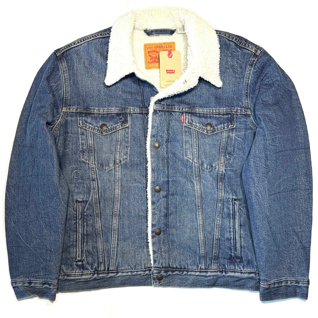LEVIS Mens Recycled Sherpa Jacket Denim Jean Trucker Jacket Blue L