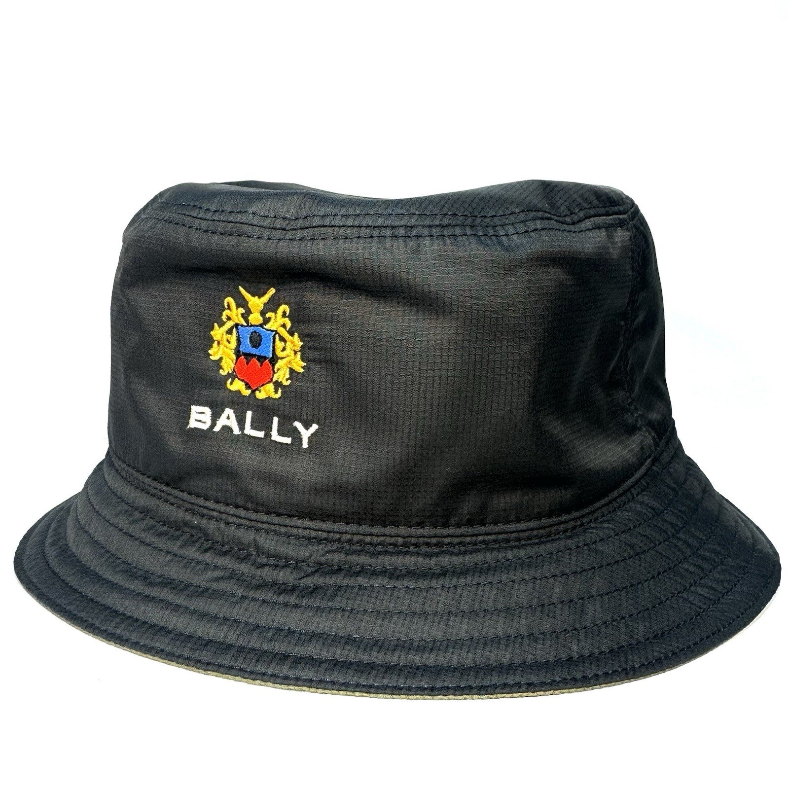 BALLY Mens Logo Crest Embroidered Nylon Bucket Hat Black Olive (MSRP $330)