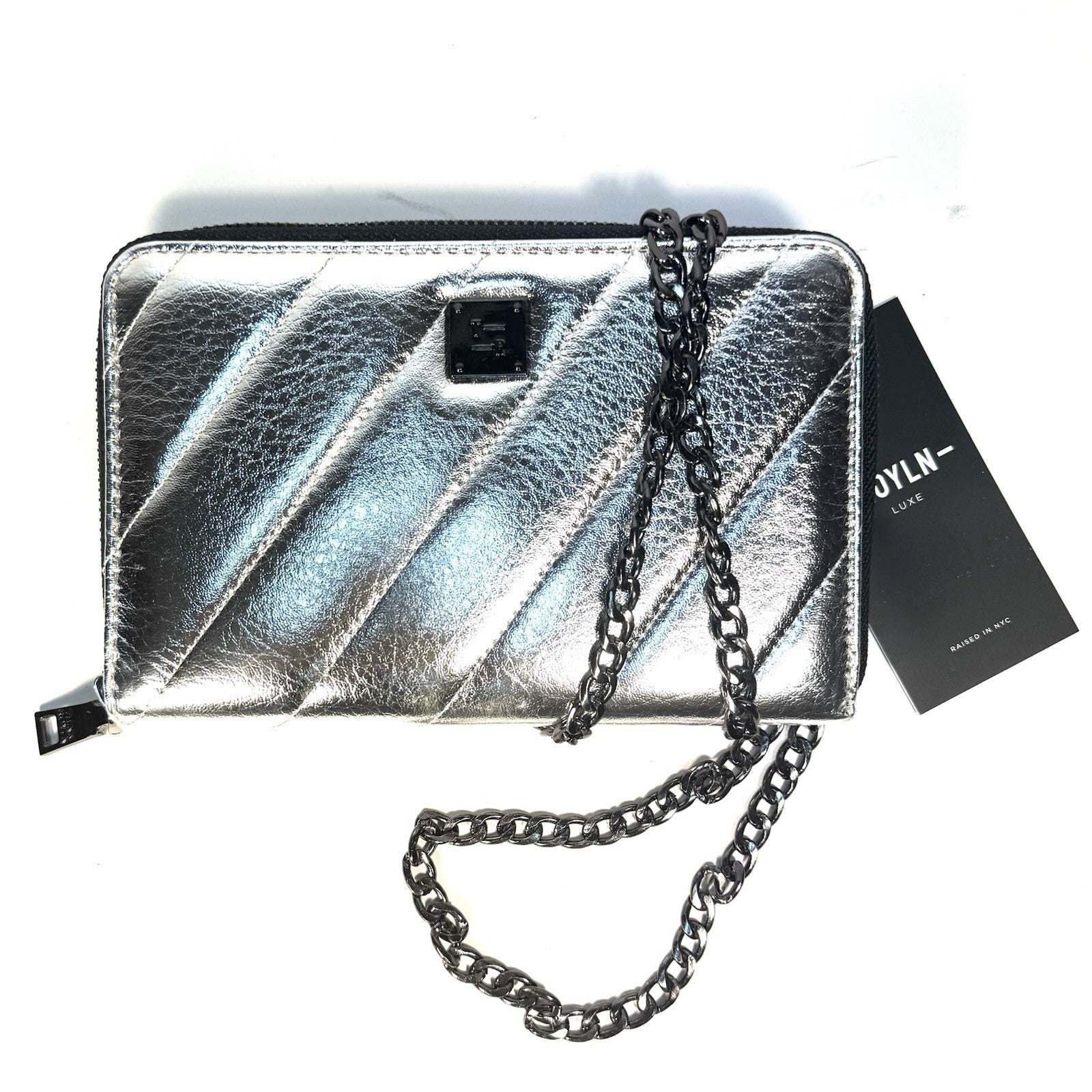 THINK ROYLN LUXE Wallet Crossbody On Chain Crinkle Faux Leather Silver