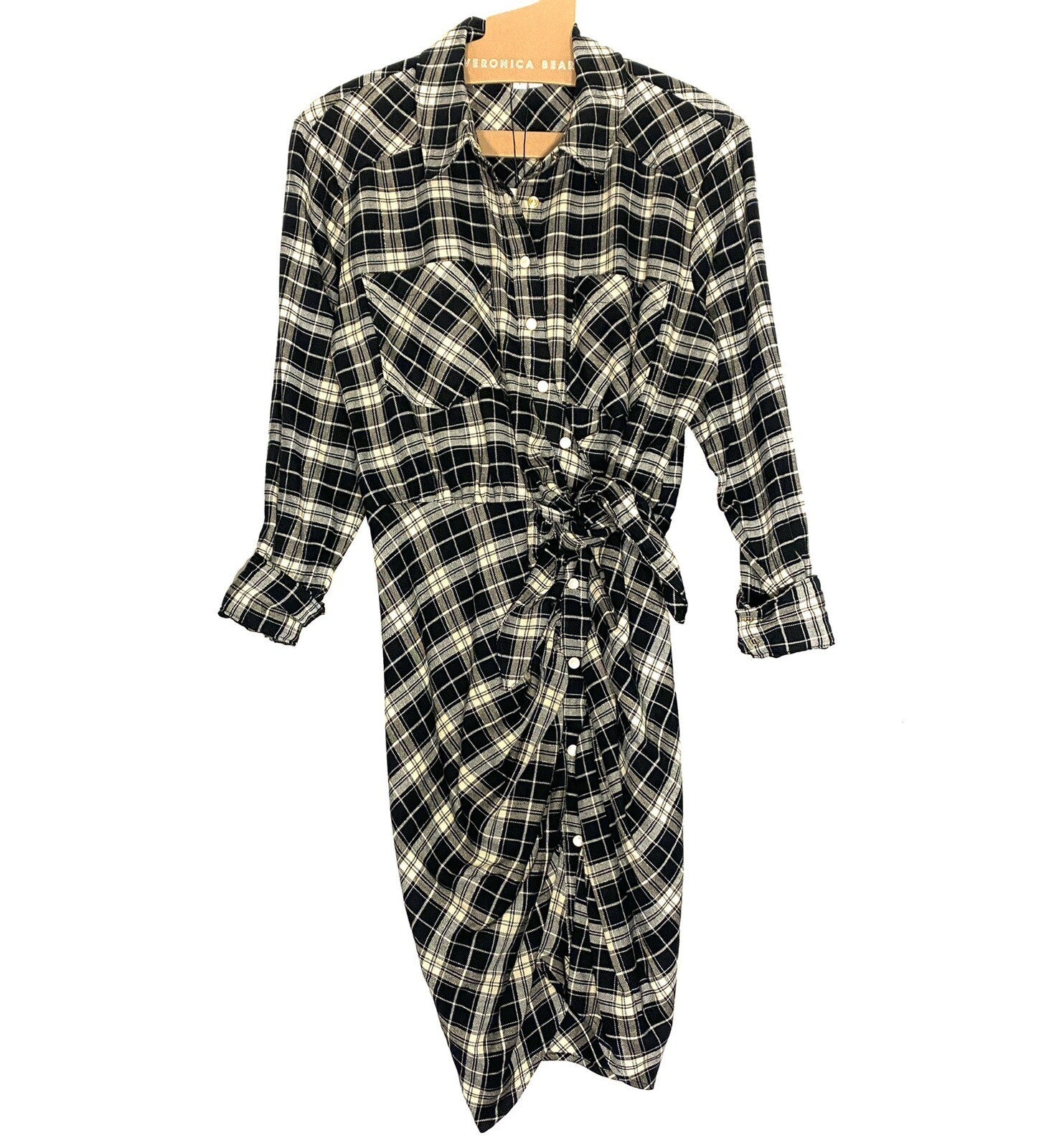 VERONICA BEARD Sierra Plaid Flannel Ruched Shirt Dress Black (MSRP $498)