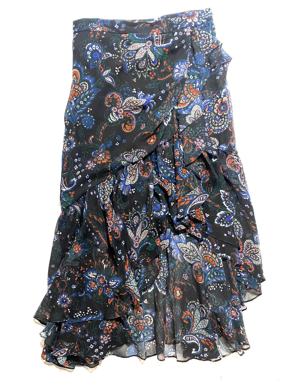 VERONICA BEARD Tiare Ruffled Silk High Low Paisley Skirt Black (MSRP $548)