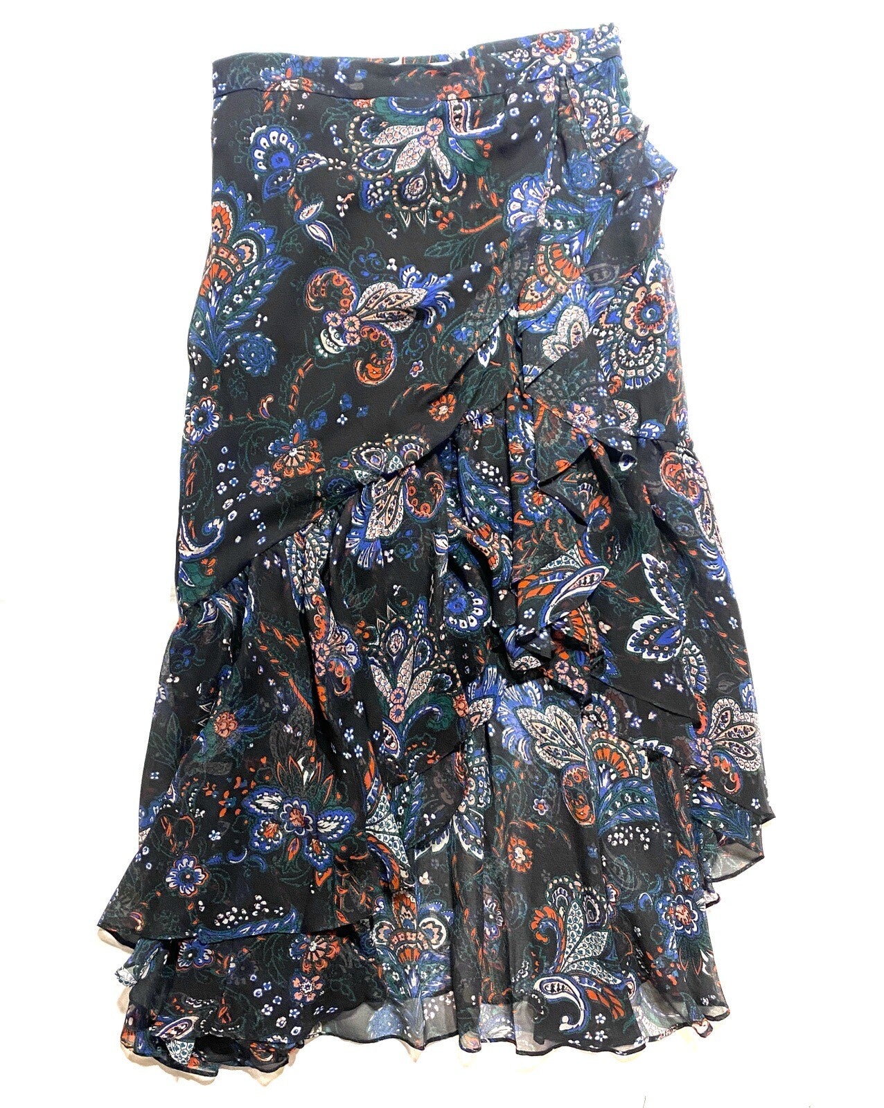 VERONICA BEARD Tiare Ruffled Silk High Low Paisley Skirt Black (MSRP $548)