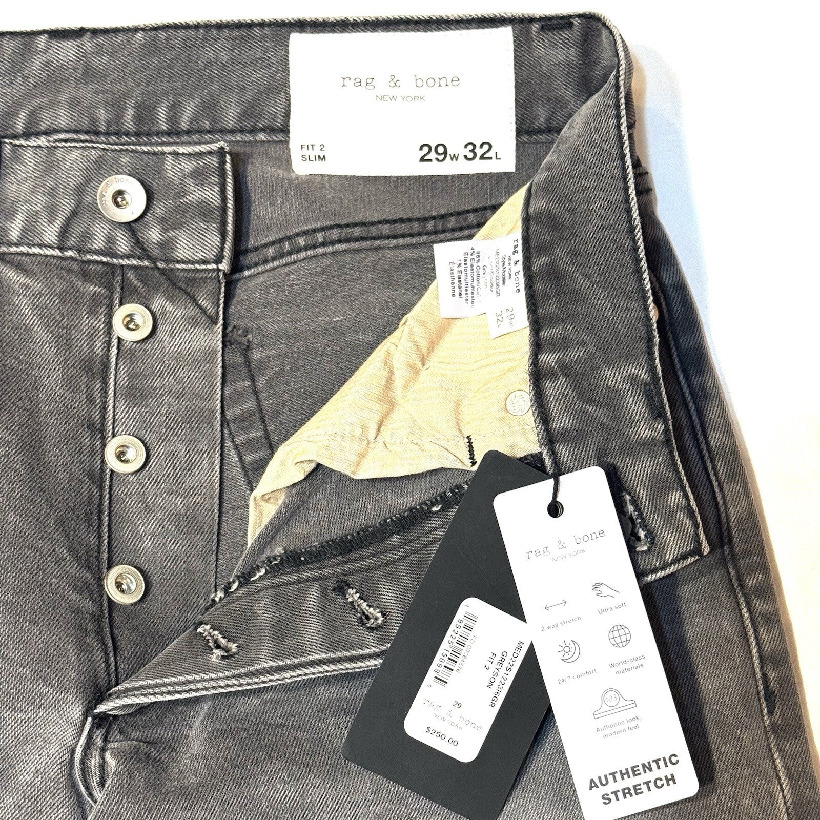 RAG & BONE Mens Fit 2 Slim Stretch Denim Jeans Greyson Gray 29 (MSRP $250)
