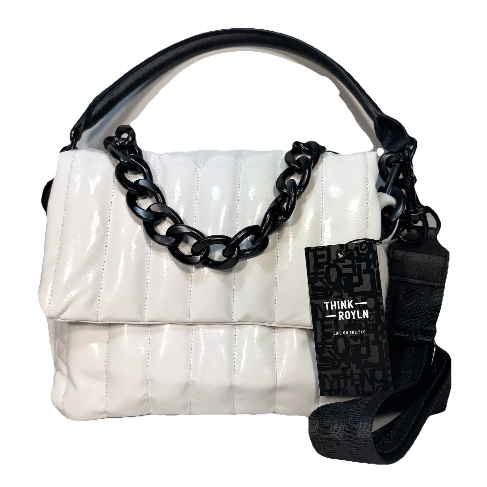 THINK ROYLN Bar Quilted Shoulder Crossbody Bag Patent Ivory White (MSRP $168)