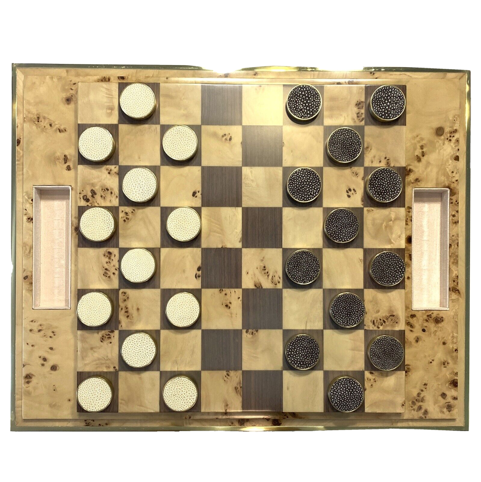 AERIN Shagreen Burl Walnut AH5387 Checkers Tray Set Cream Beige (MSRP $1,995)