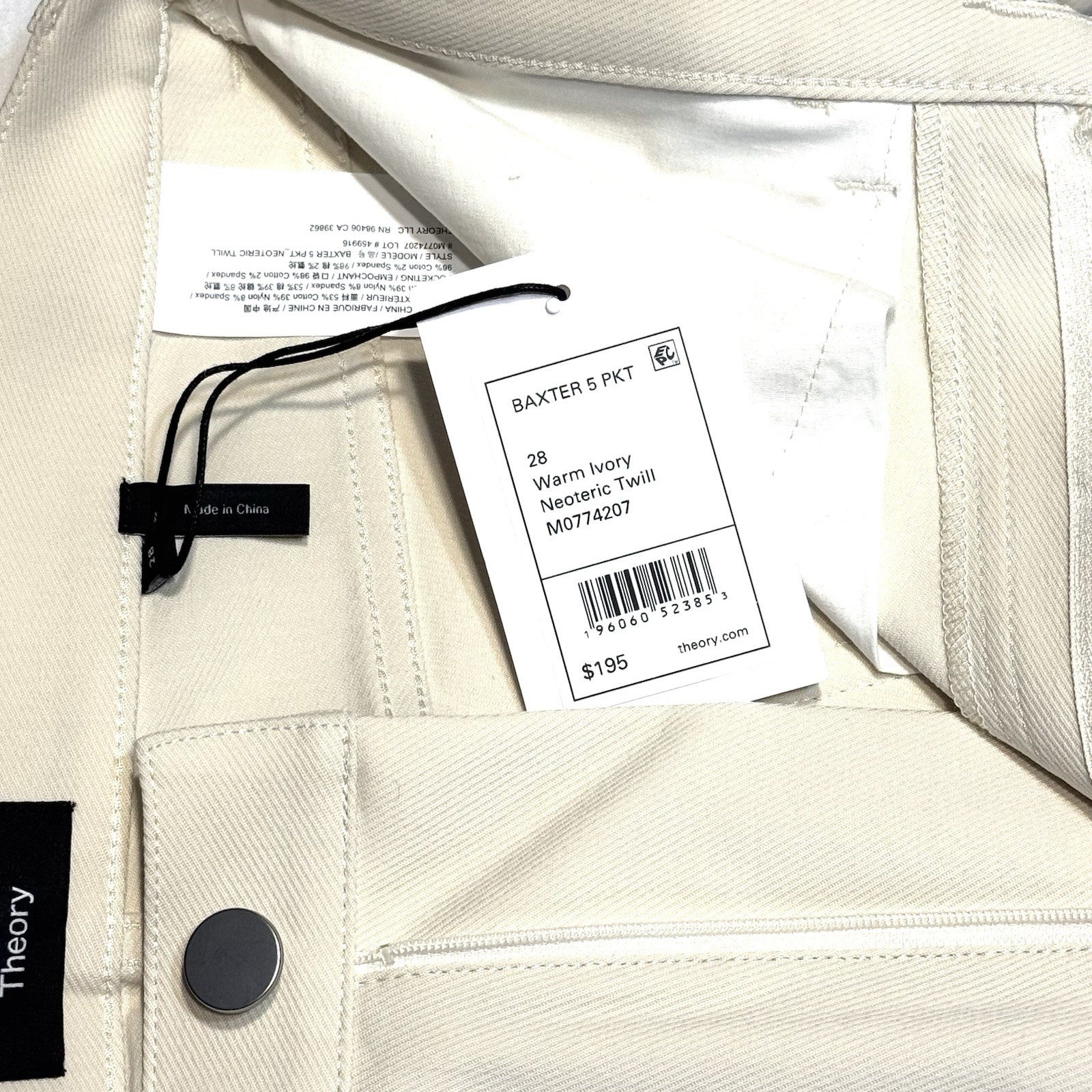 THEORY Mens Baxter Neoteric Stretch Twill 5 Pocket Pants Ivory 28 (MSRP $195)