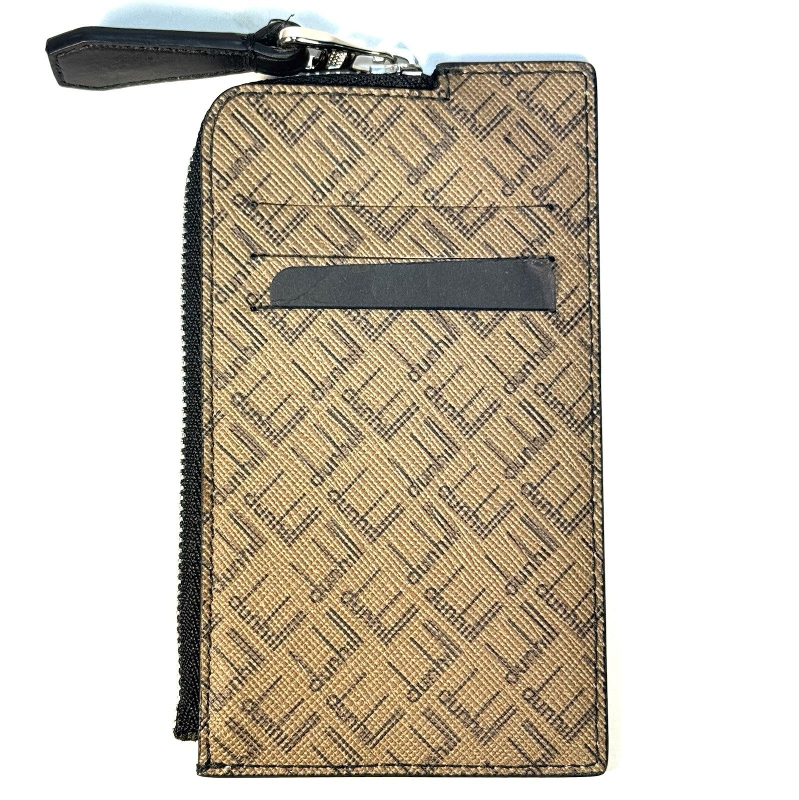 DUNHILL Signature Logo Printed Leather Zip Card Case Wallet Camel (MSRP $245)