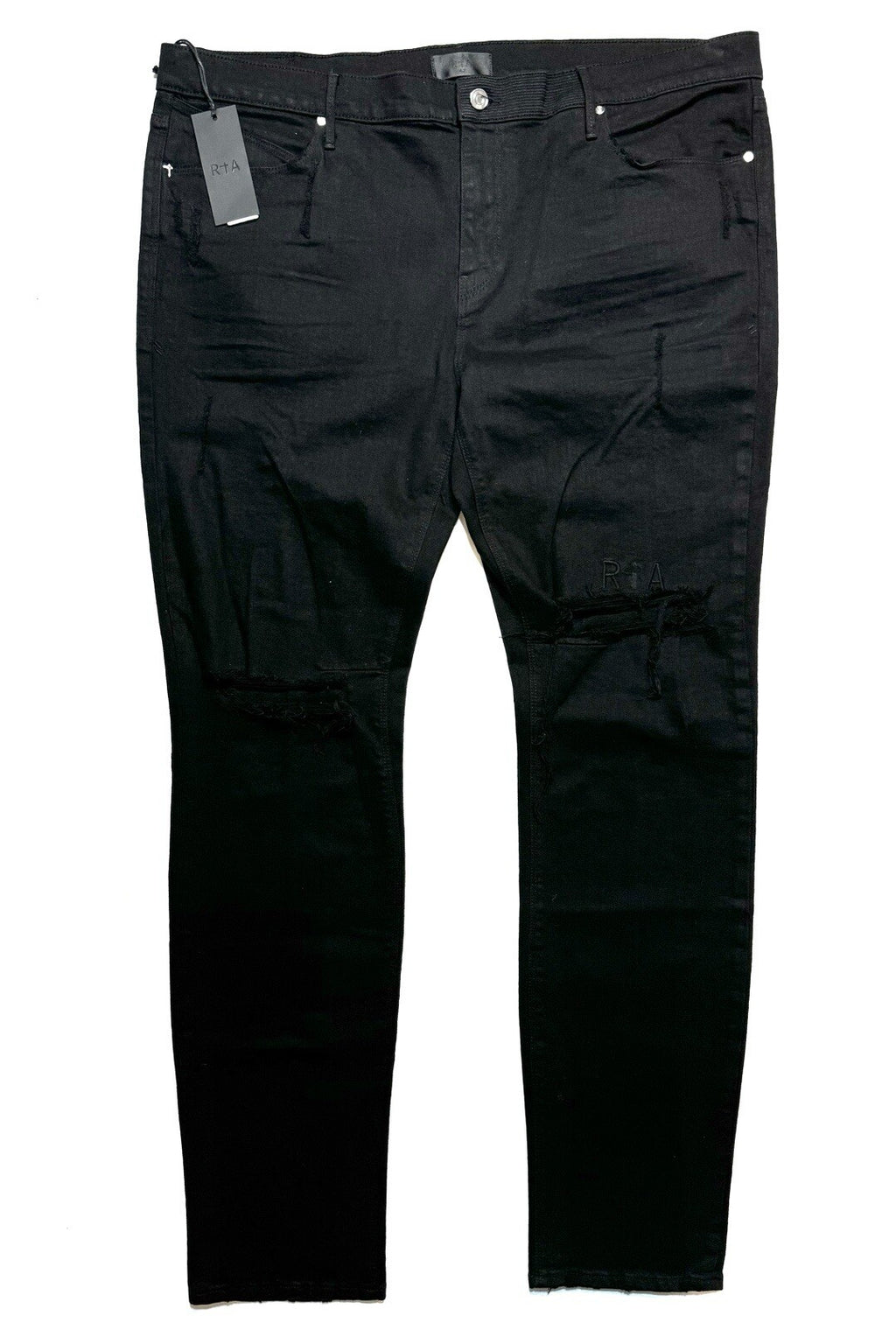 RtA Mens Clayton Mid Rise Pintuck Ripped Skinny Jeans Black 42 (MSRP $158)
