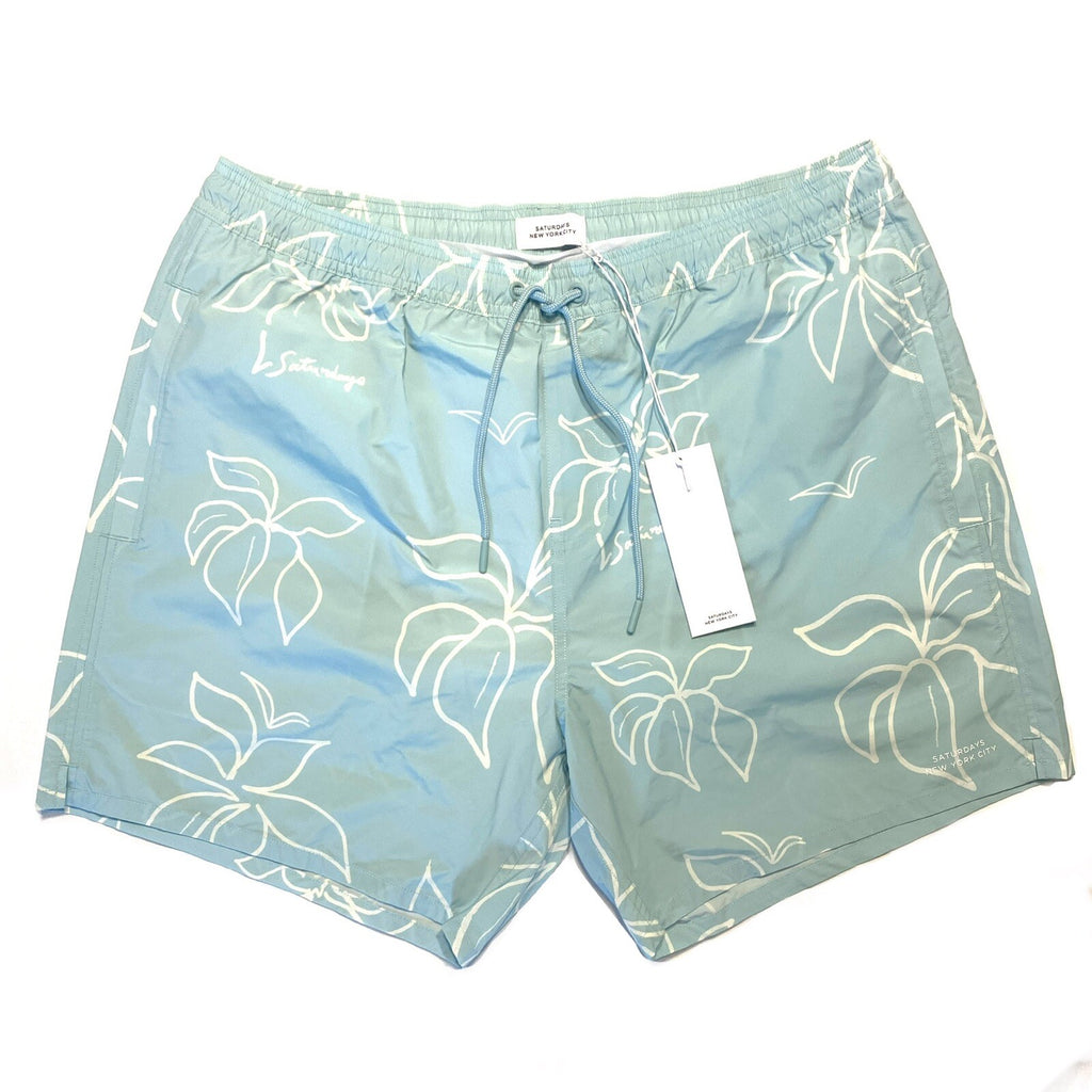 SATURDAYS NYC Mens Bovina Timothy Floral Swim Trunks Shorts Blue XL (MSRP $135)