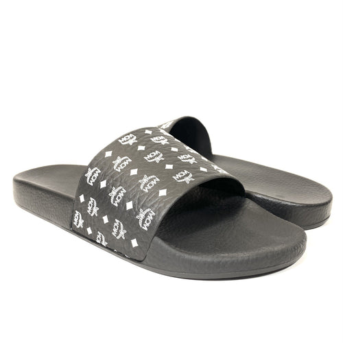 MCM Mens Monogram Logo Print Rubber Slides Sandals Black (MSRP $210)