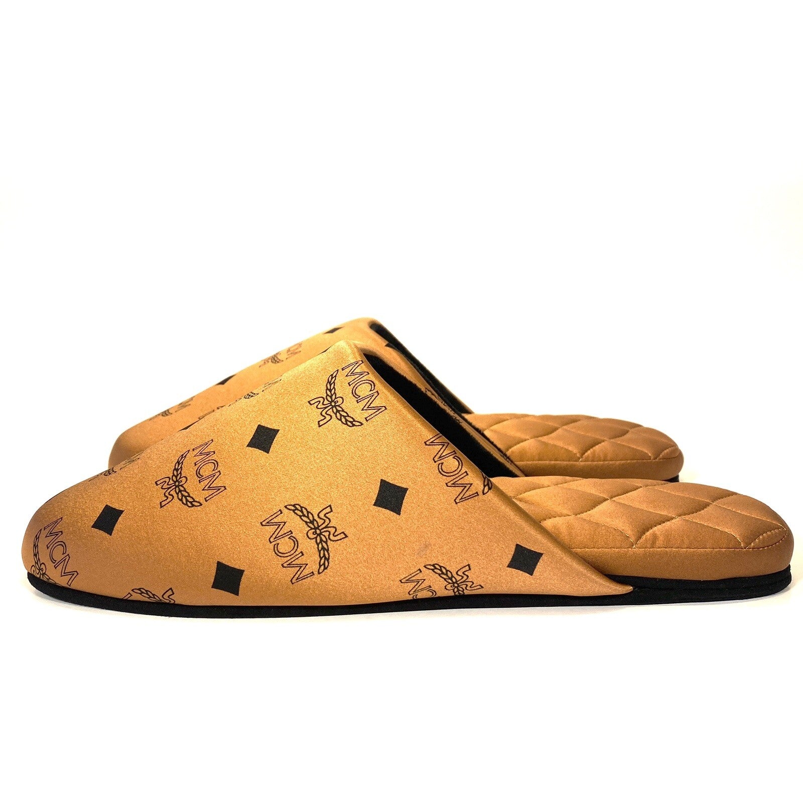 MCM Unisex Visetos Logo Silk Room Slippers Cognac Brown (MSRP $260)