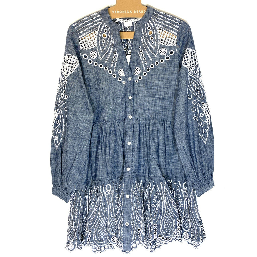 VERONICA BEARD Ariana Chambray Eyelet Long Sleeve Mini Dress Blue (MSRP $698)