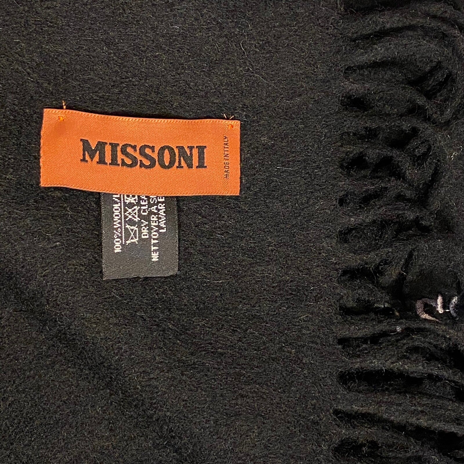 MISSONI Mens Womens Wool Fringe Scarf Neutral Logo Black Gray Red