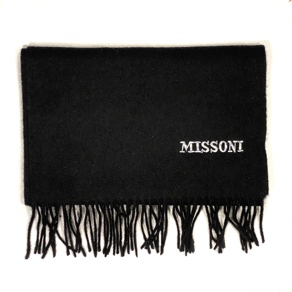 MISSONI Mens Womens Wool Fringe Scarf Contrast Logo Black Blue Beige