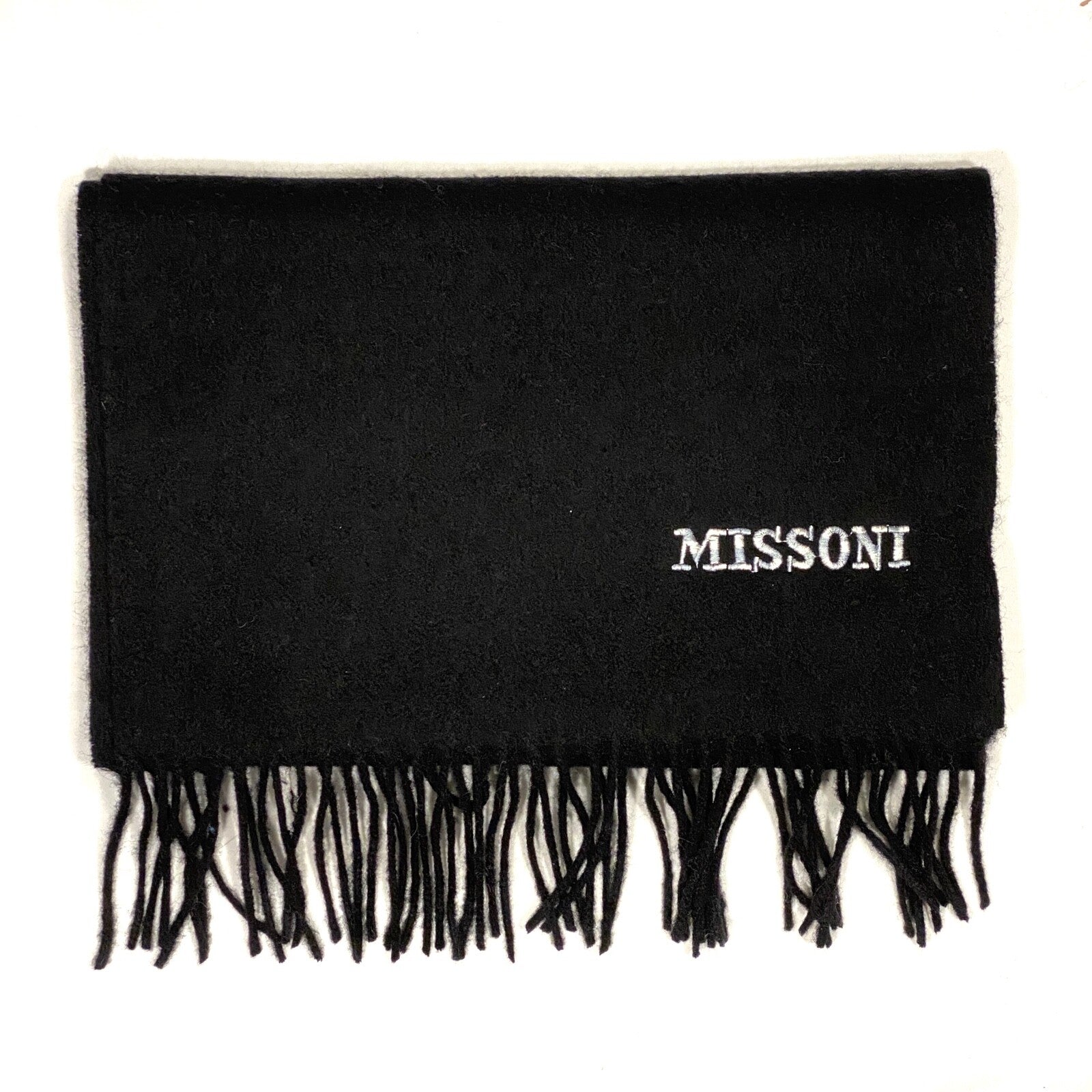 MISSONI Mens Womens Wool Fringe Scarf Contrast Logo Black Blue Beige