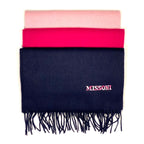 MISSONI Womens Wool Fringe Scarf Pink Logo Navy Blue Gray Fuchsia