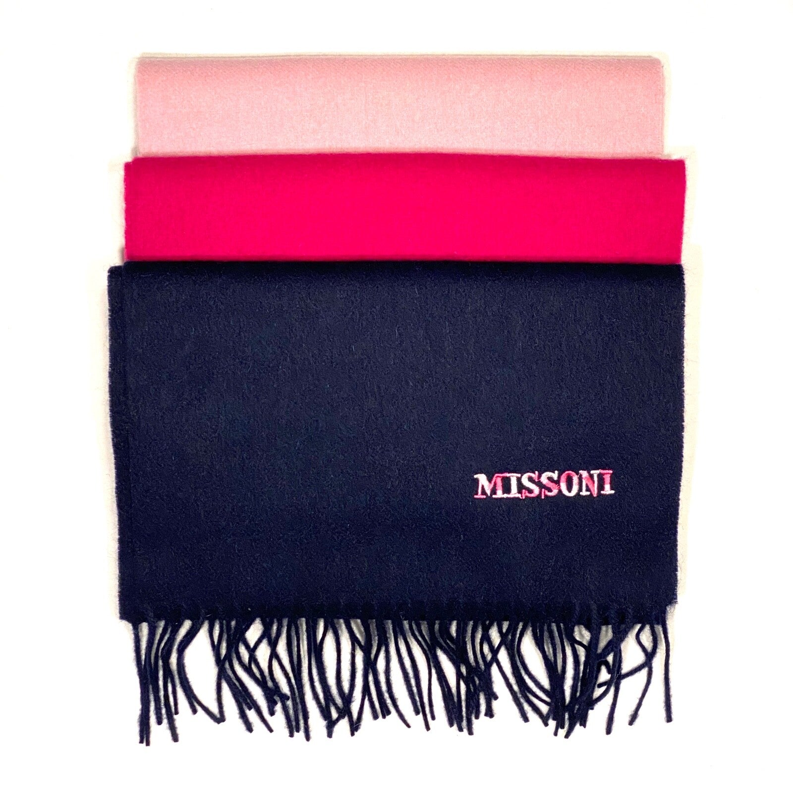 MISSONI Womens Wool Fringe Scarf Pink Logo Navy Blue Gray Fuchsia