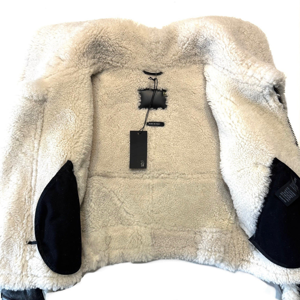 R13 Womens Shearling Leather Shrunken Aviator Jacket Black (MSRP $3,495)