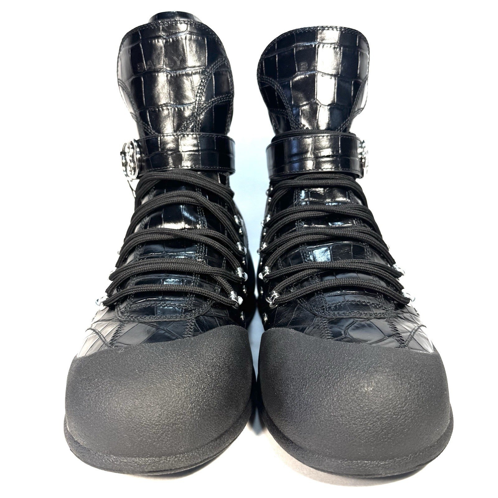 BALLY Mens Clyff Lamb Fur Lined Croc Embossed Leather Boots Black (MSRP $1,100)