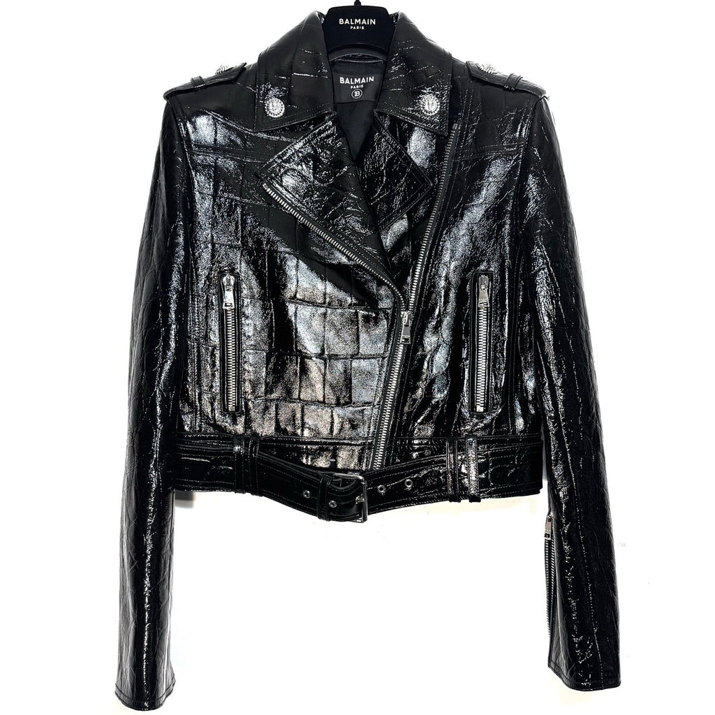 BALMAIN Womens Croc Embossed Leather Motorcycle Biker Jacket Black (MSRP $4,590)