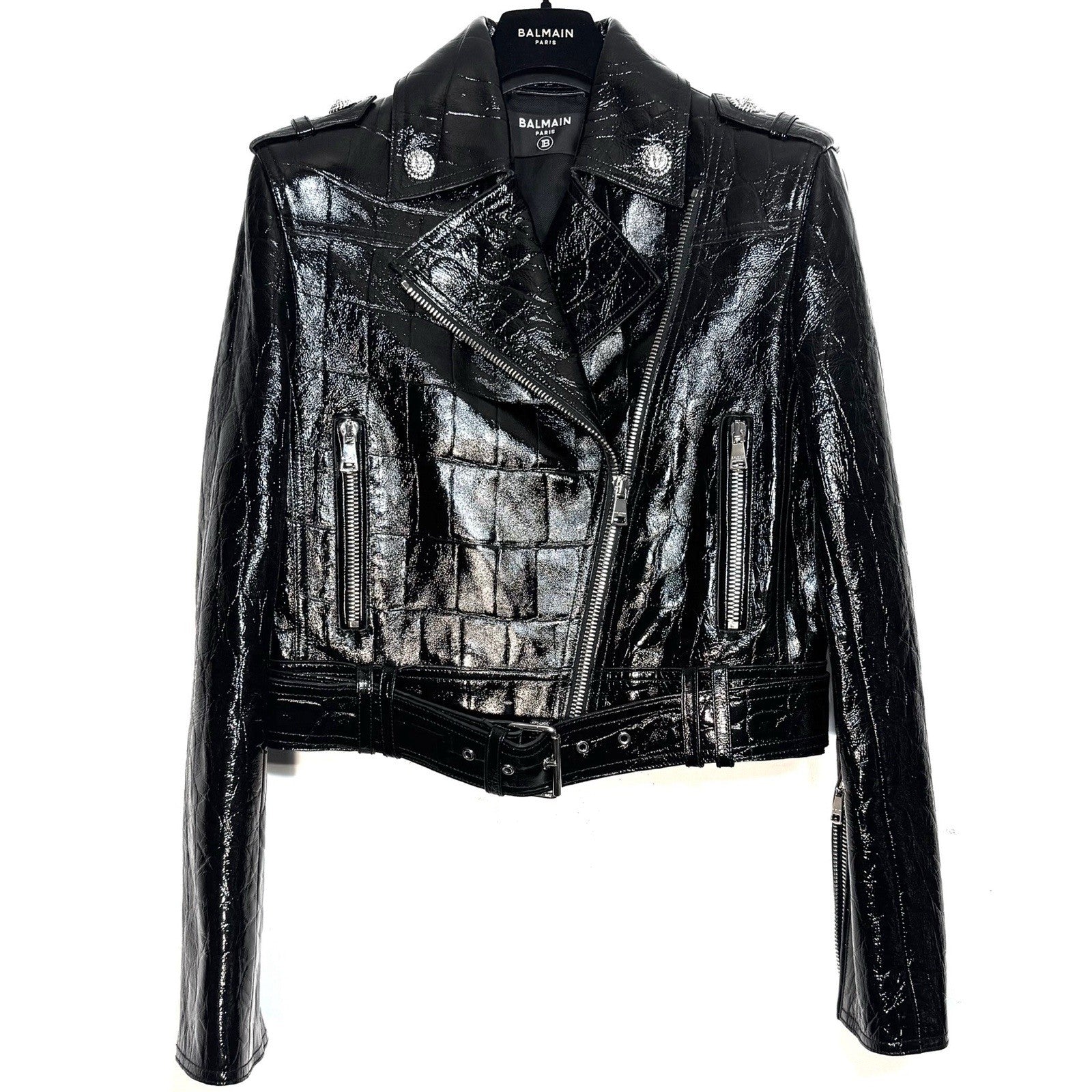 BALMAIN Womens Croc Embossed Leather Motorcycle Biker Jacket Black (MSRP $4,590)