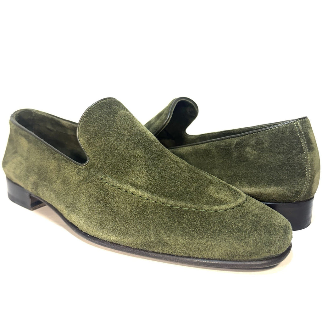 MANOLO BLAHNIK Mens Truro Suede Slip On Loafers Dark Khaki Green 9 (MSRP $995)