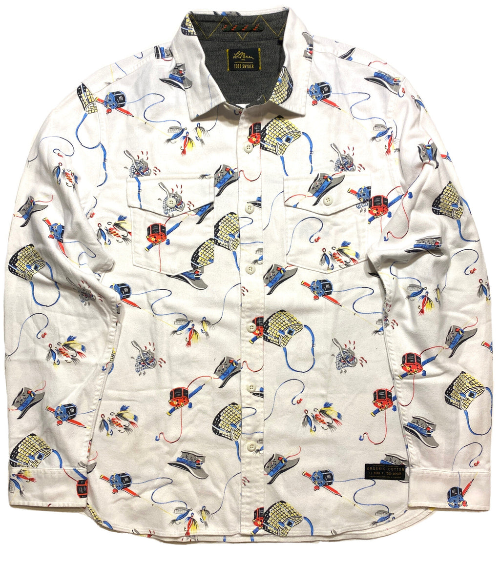 LL BEAN x TODD SNYDER Mens Fishing Reel Flannel Button Shirt White (MSRP $159)