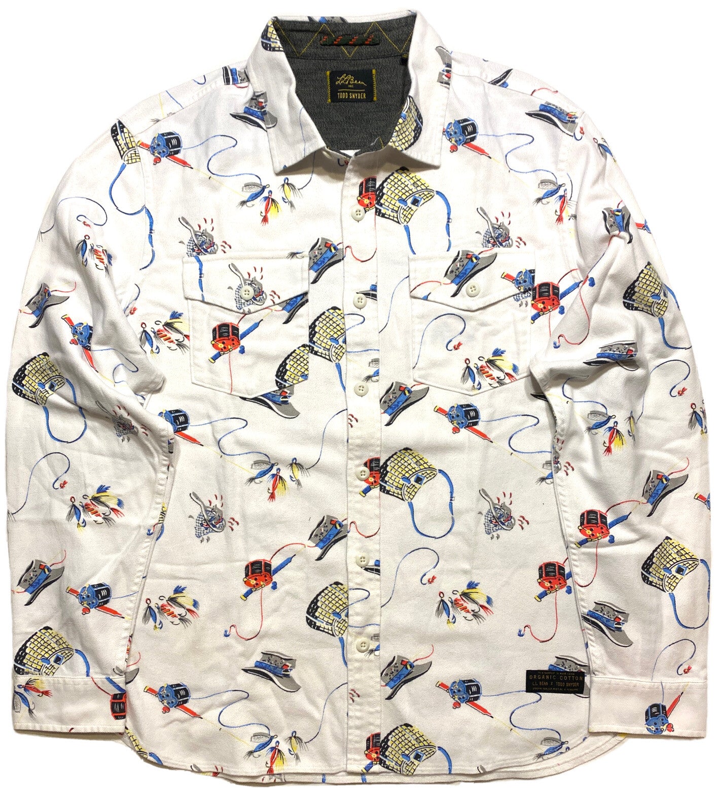 LL BEAN x TODD SNYDER Mens Fishing Reel Flannel Button Shirt White (MSRP $159)