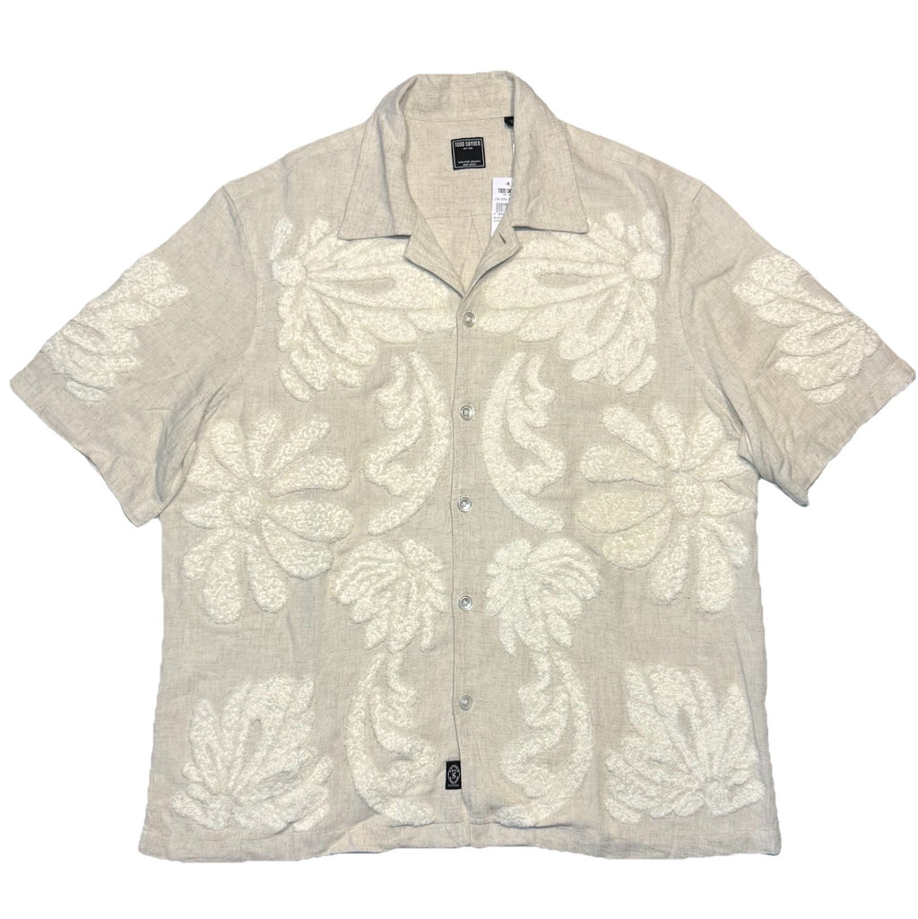 TODD SNYDER Mens Linen Terrycloth Palm Leaf Floral Camp Shirt Beige (MSRP $298)