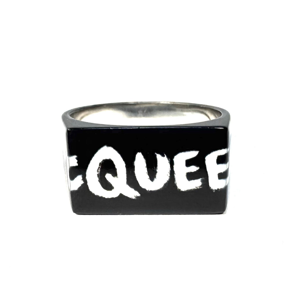 ALEXANDER MCQUEEN Mens Unisex Graffiti Logo Square Ring Black (MSRP $390)