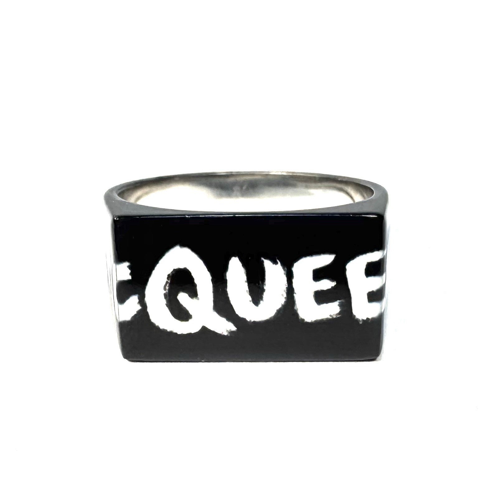 ALEXANDER MCQUEEN Mens Unisex Graffiti Logo Square Ring Black (MSRP $390)