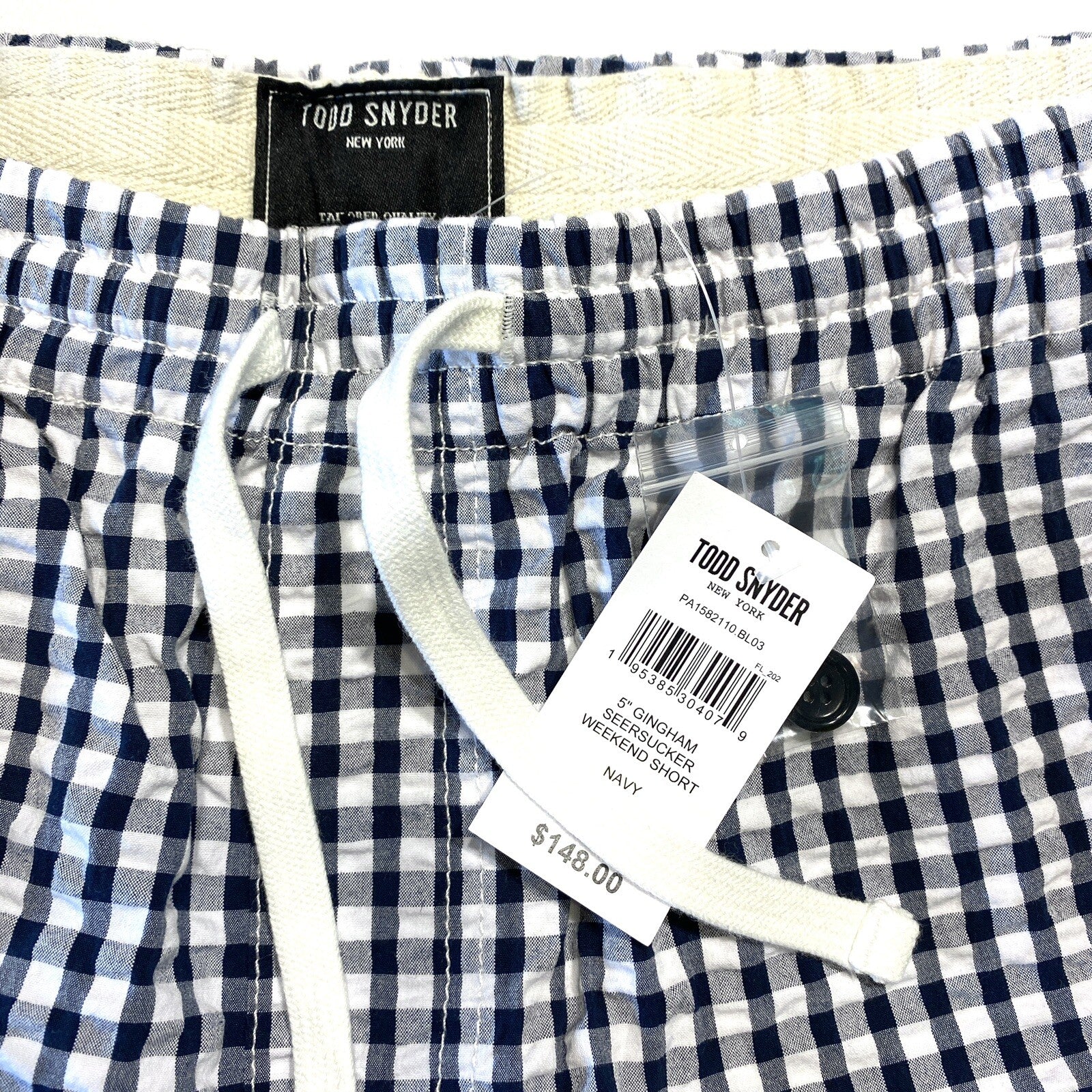TODD SNYDER Mens 5in Gingham Seersucker Weekend Shorts Navy Blue (MSRP $148)