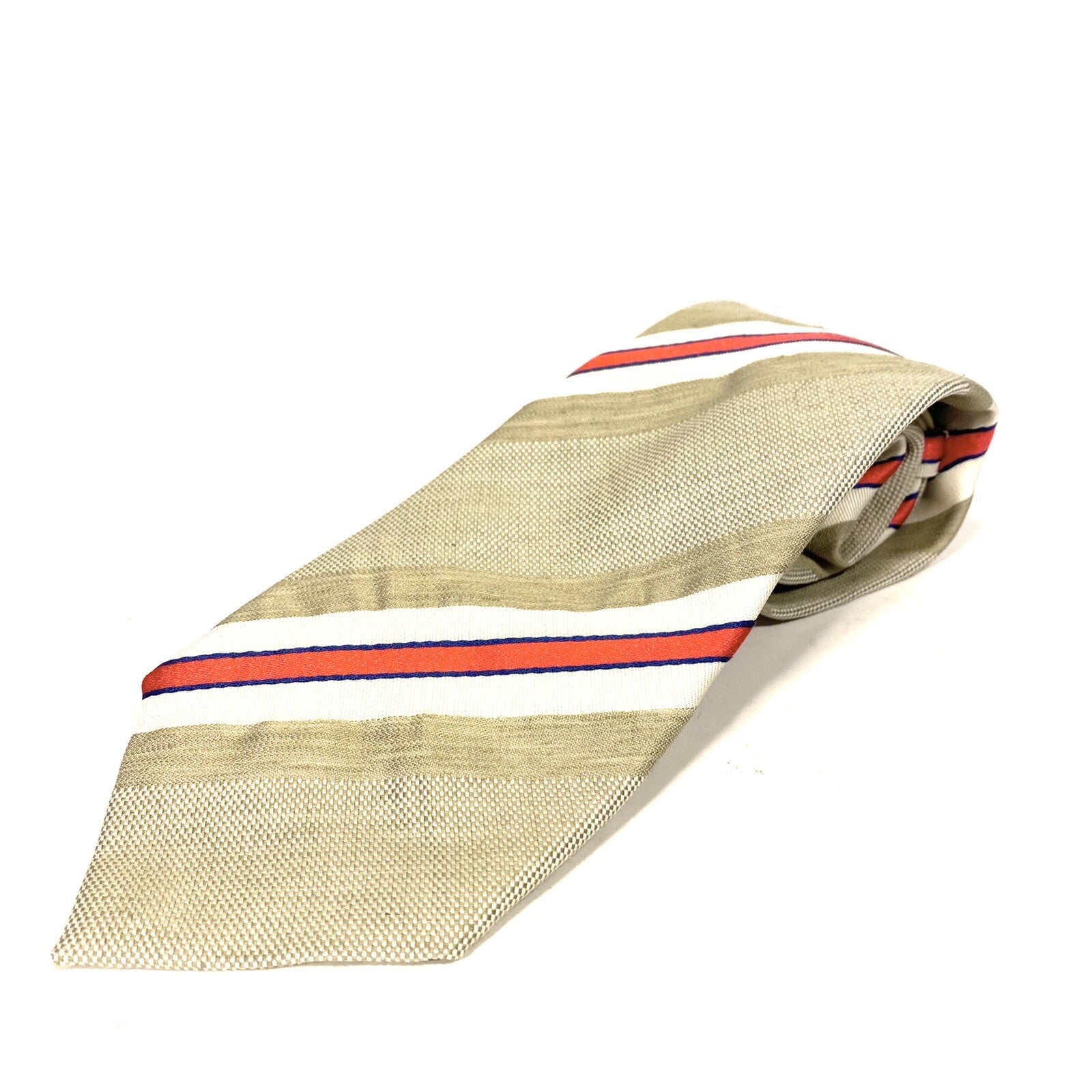 CHANEL Mens Striped Logo Silk Linen Monogram Tie Red White Beige (MSRP $210)
