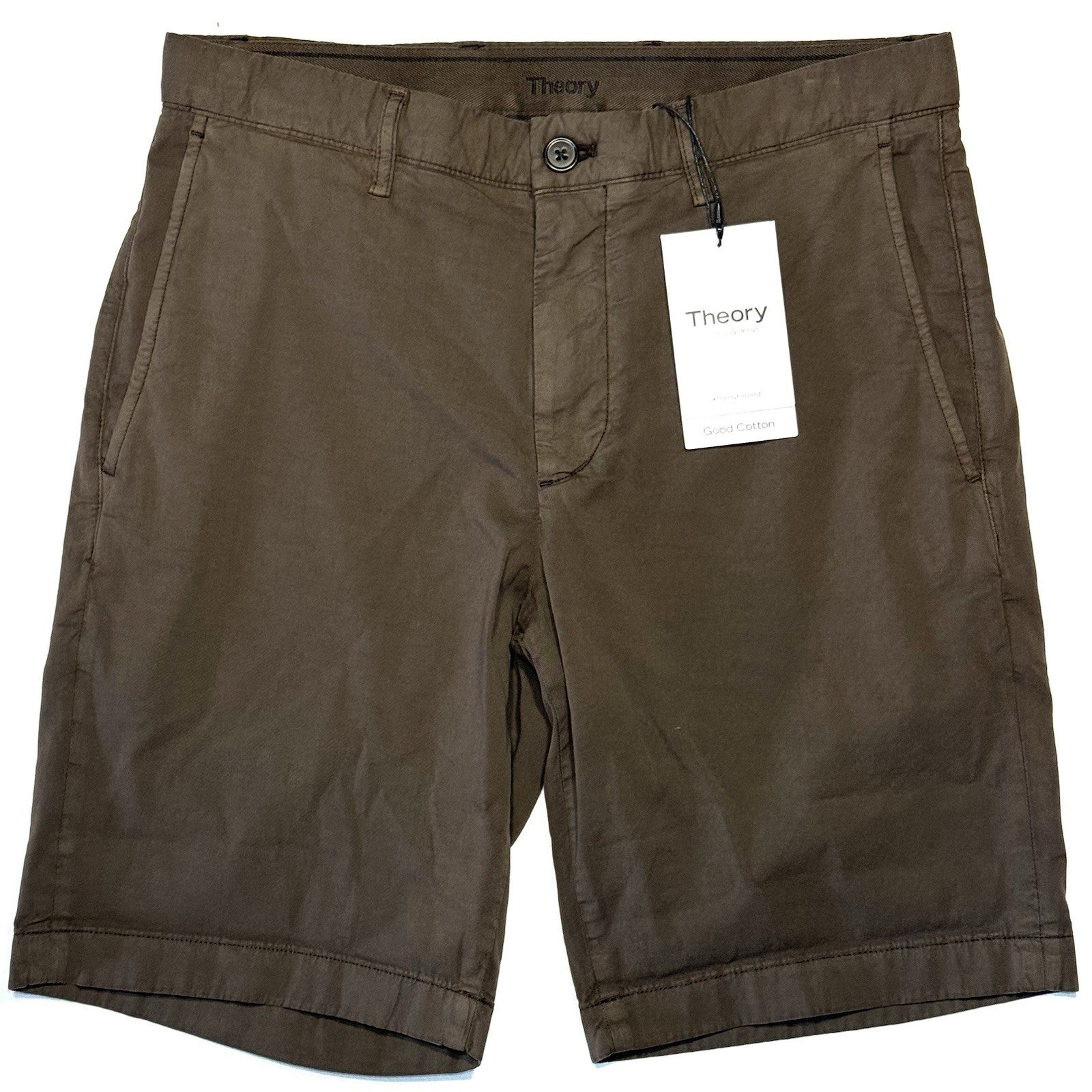 THEORY Mens Zaine 9in Stretch Cotton Chino Shorts Slate Brown (MSRP $145)
