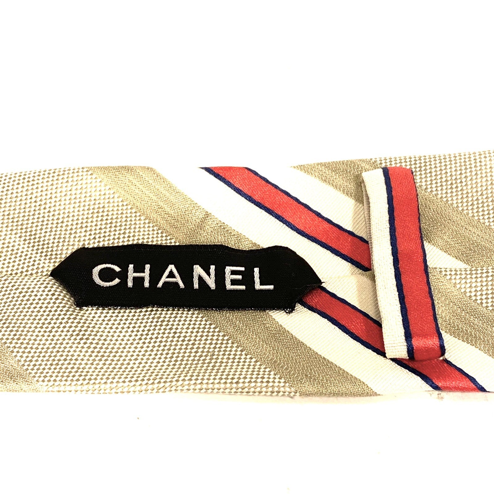 CHANEL Mens Striped Logo Silk Linen Monogram Tie Red White Beige (MSRP $210)
