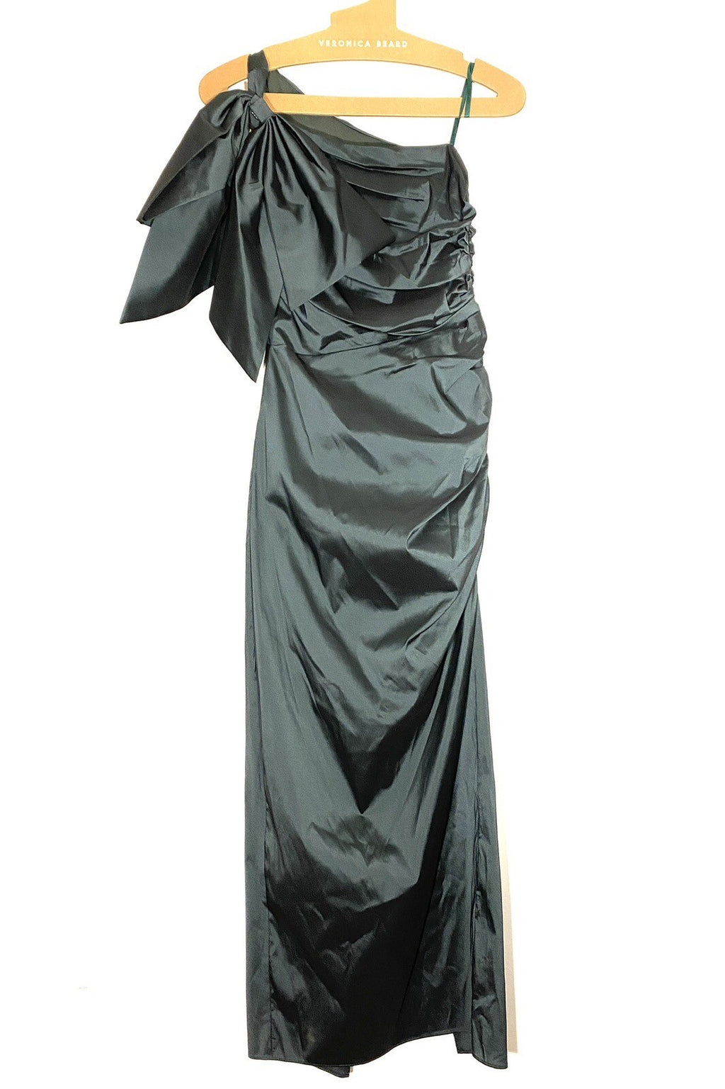 VERONICA BEARD Belis Taffeta Shoulder Bow Ruched Dress Emerald Green (MSRP $798)