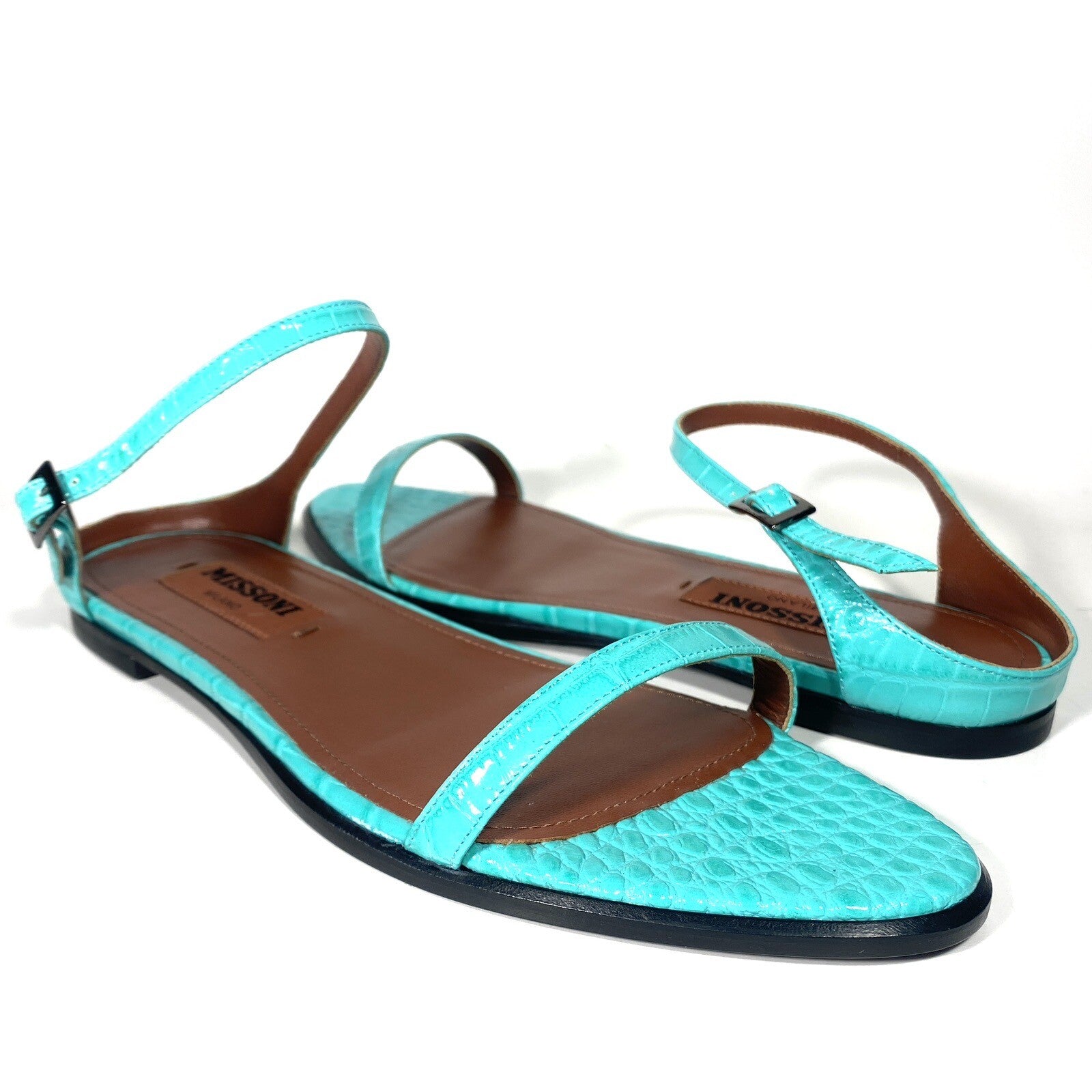 MISSONI Womens Crocodile Embossed Leather Flat Sandals Turquoise (MSRP $810)