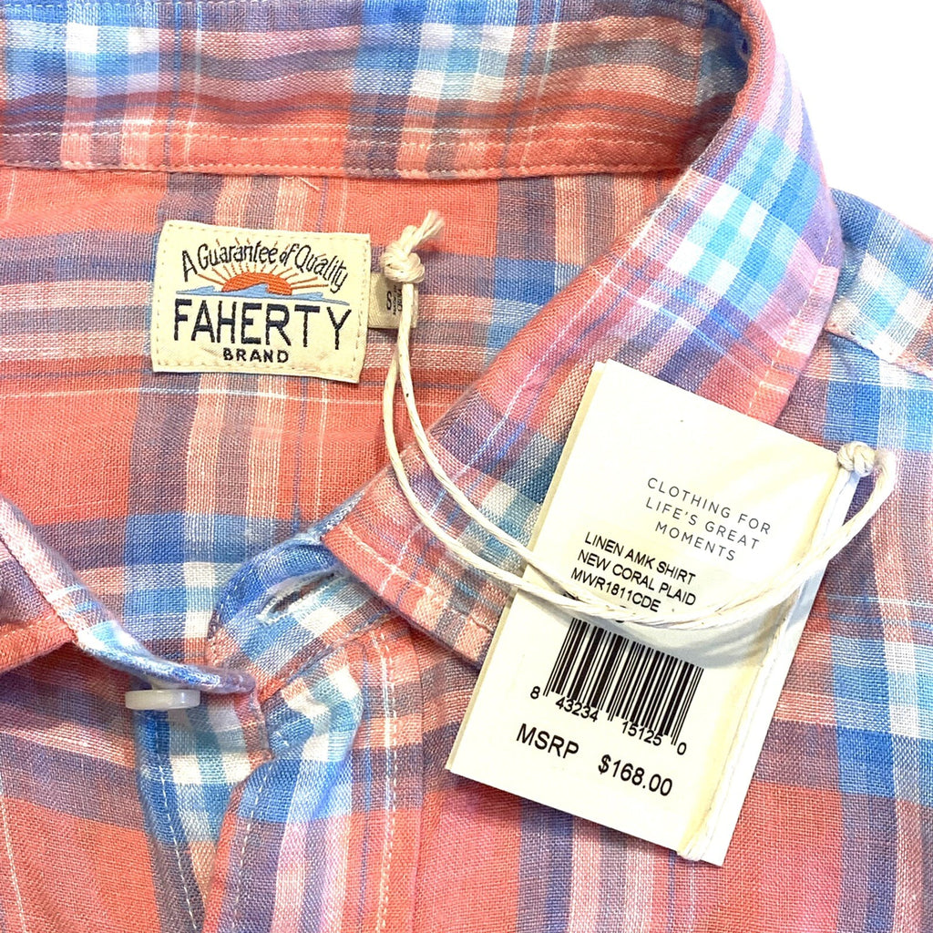 FAHERTY Mens Linen AMK Plaid Check Button Shirt Coral Pink (MSRP $168)