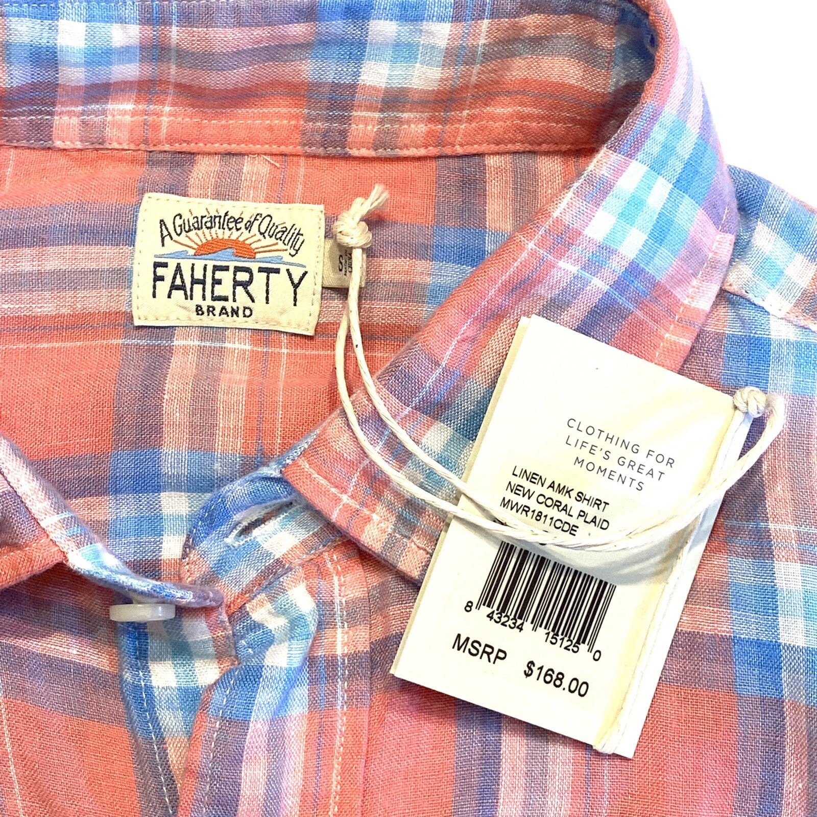 FAHERTY Mens Linen AMK Plaid Check Button Shirt Coral Pink (MSRP $168)