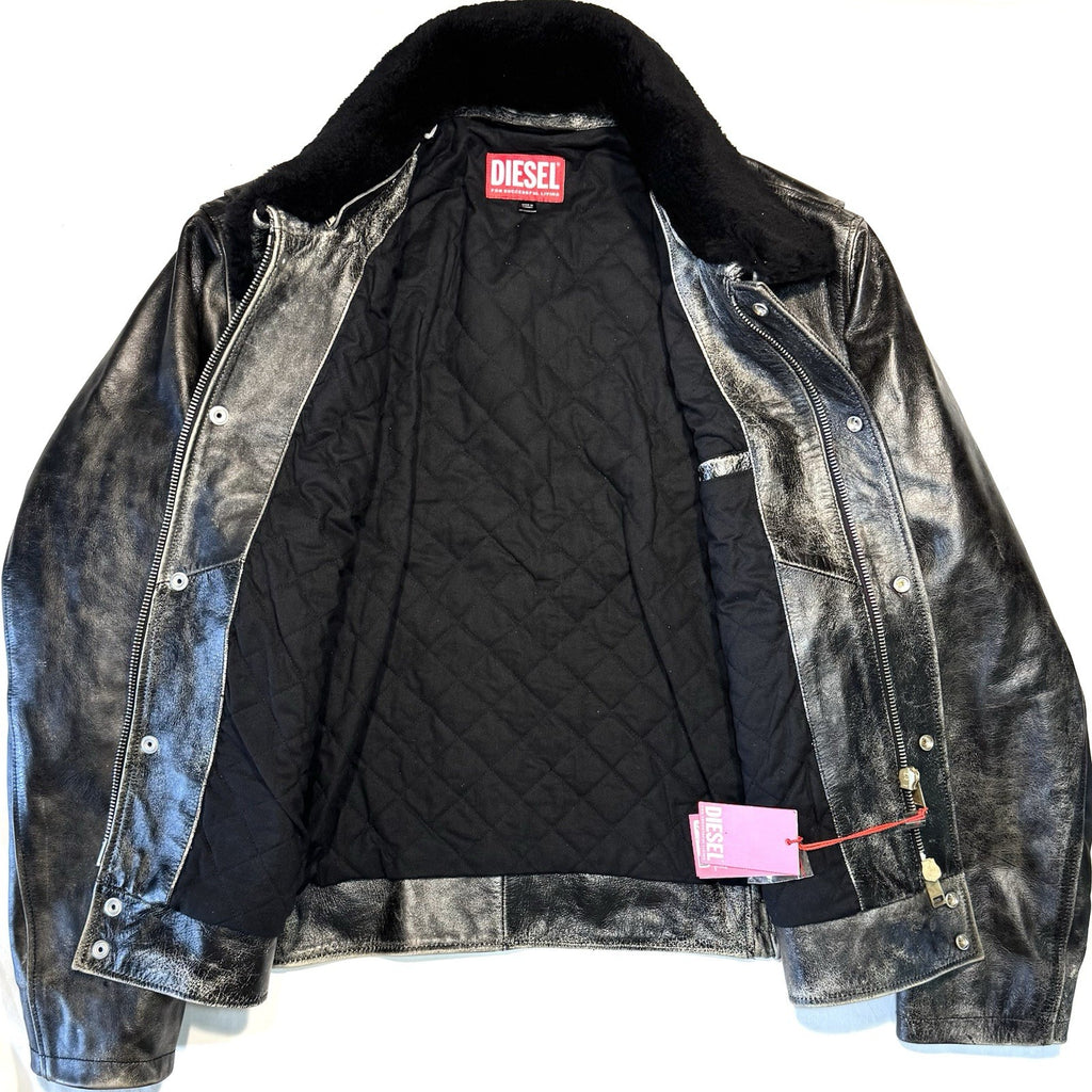 DIESEL Mens Muds Fur Collar Leather Bomber Jacket Black 54 (MSRP $1,295)