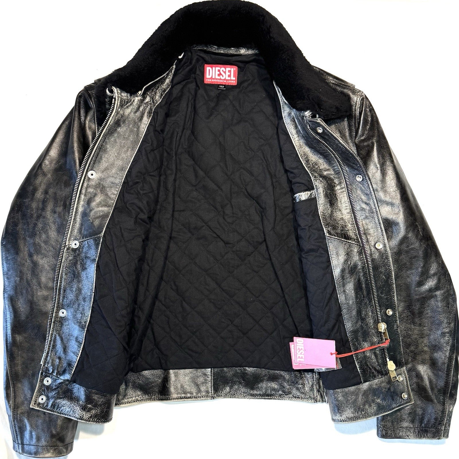 DIESEL Mens Muds Fur Collar Leather Bomber Jacket Black 54 (MSRP $1,295)