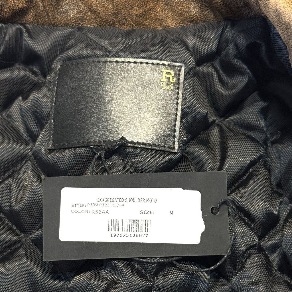 R13 Womens Exaggerated Shoulder Leather Motorcycle Jacket Brown M (MSRP $1,995)