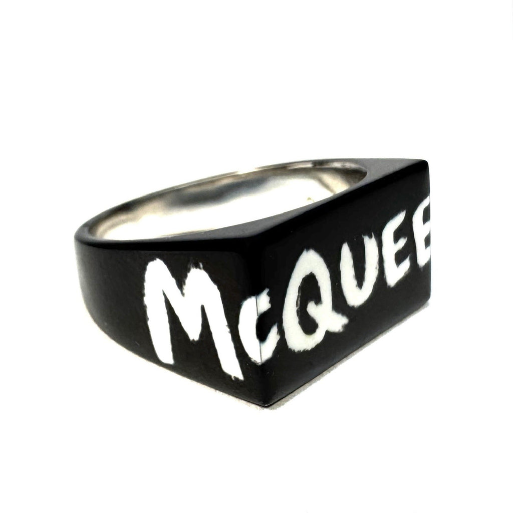 ALEXANDER MCQUEEN Mens Unisex Graffiti Logo Square Ring Black (MSRP $390)