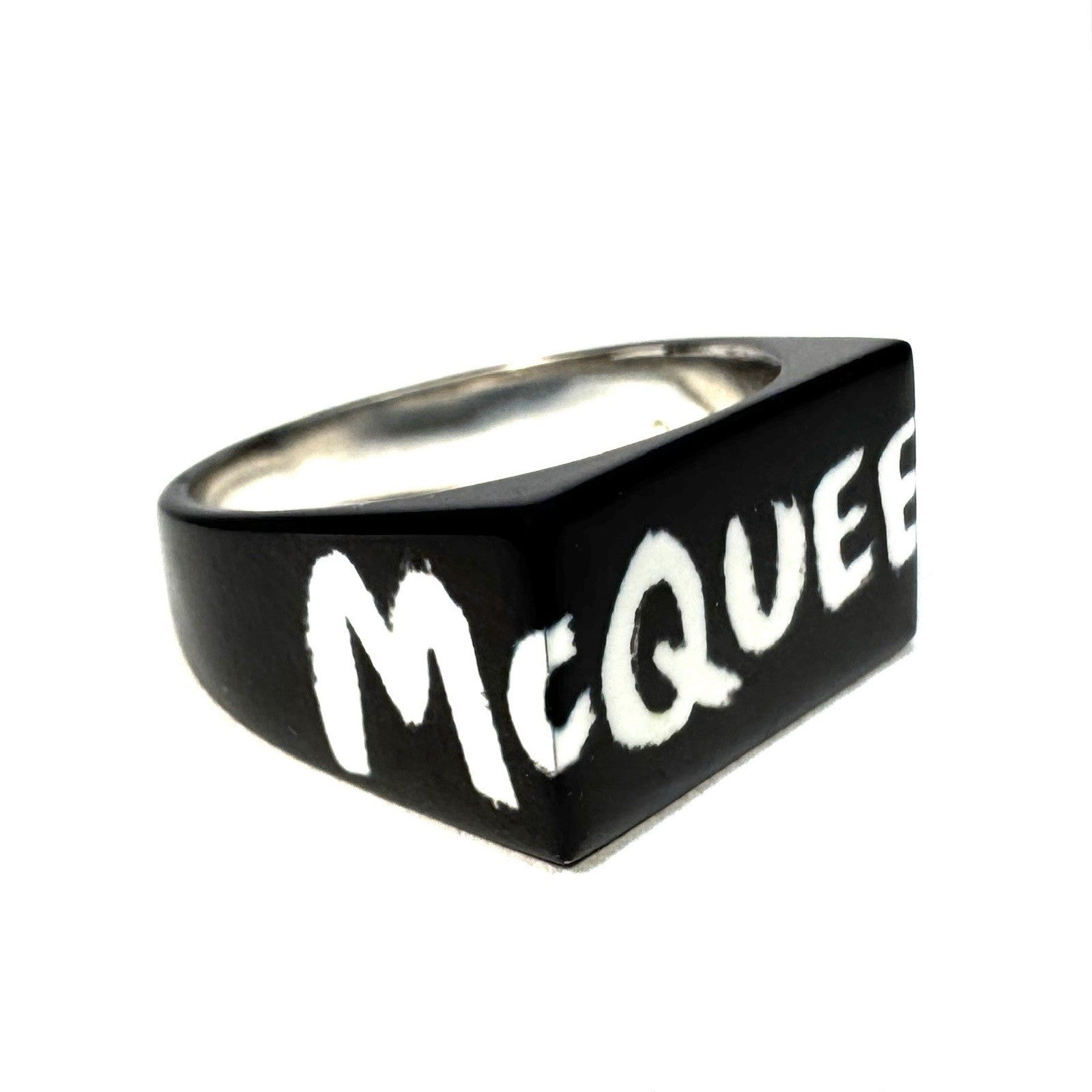 ALEXANDER MCQUEEN Mens Unisex Graffiti Logo Square Ring Black (MSRP $390)