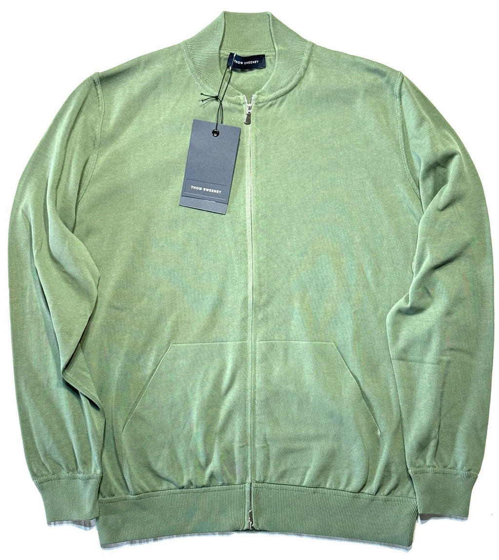 THOM SWEENEY Mens Zip Baseball Collar Cardigan Sweater Sage Green (MSRP $620)