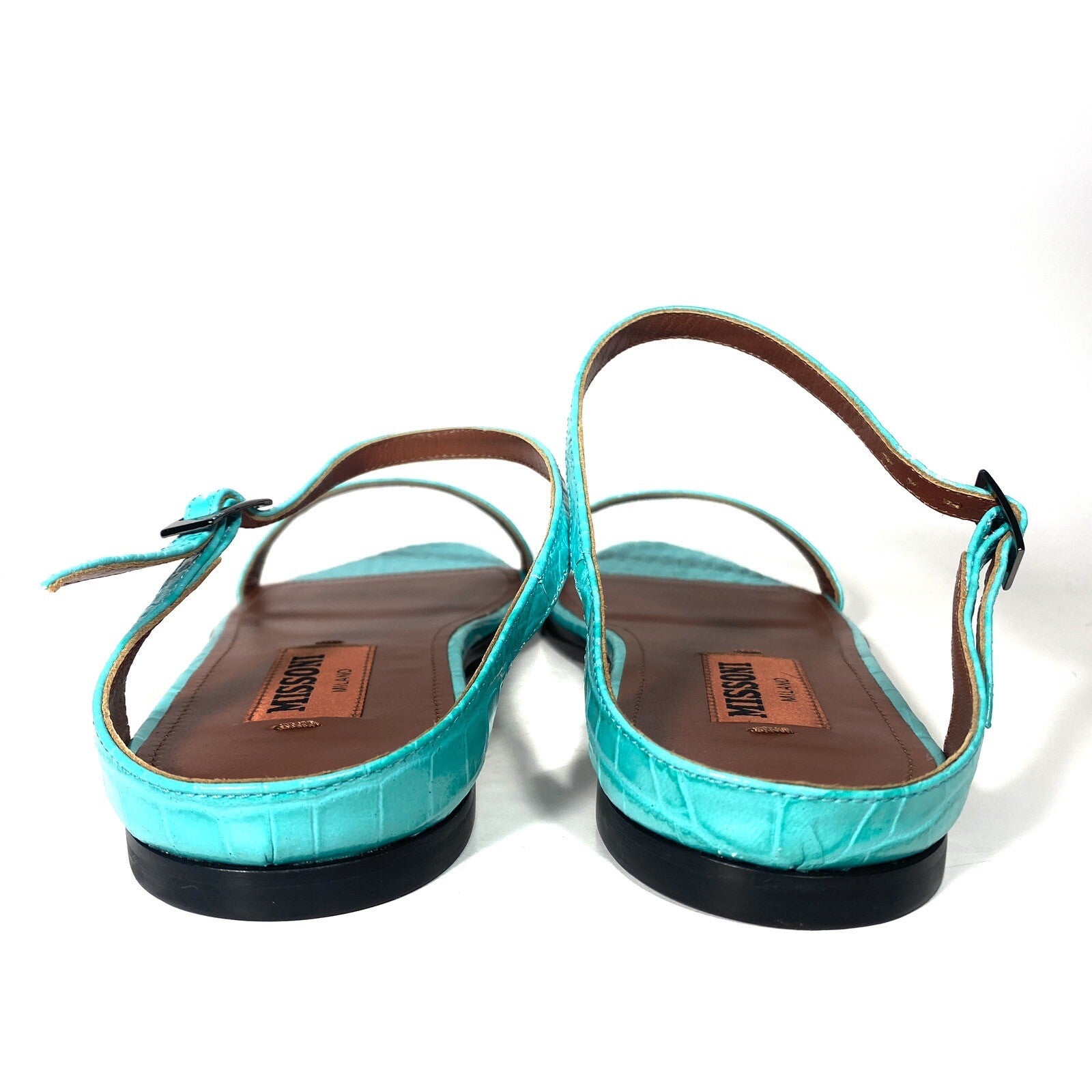 MISSONI Womens Crocodile Embossed Leather Flat Sandals Turquoise (MSRP $810)