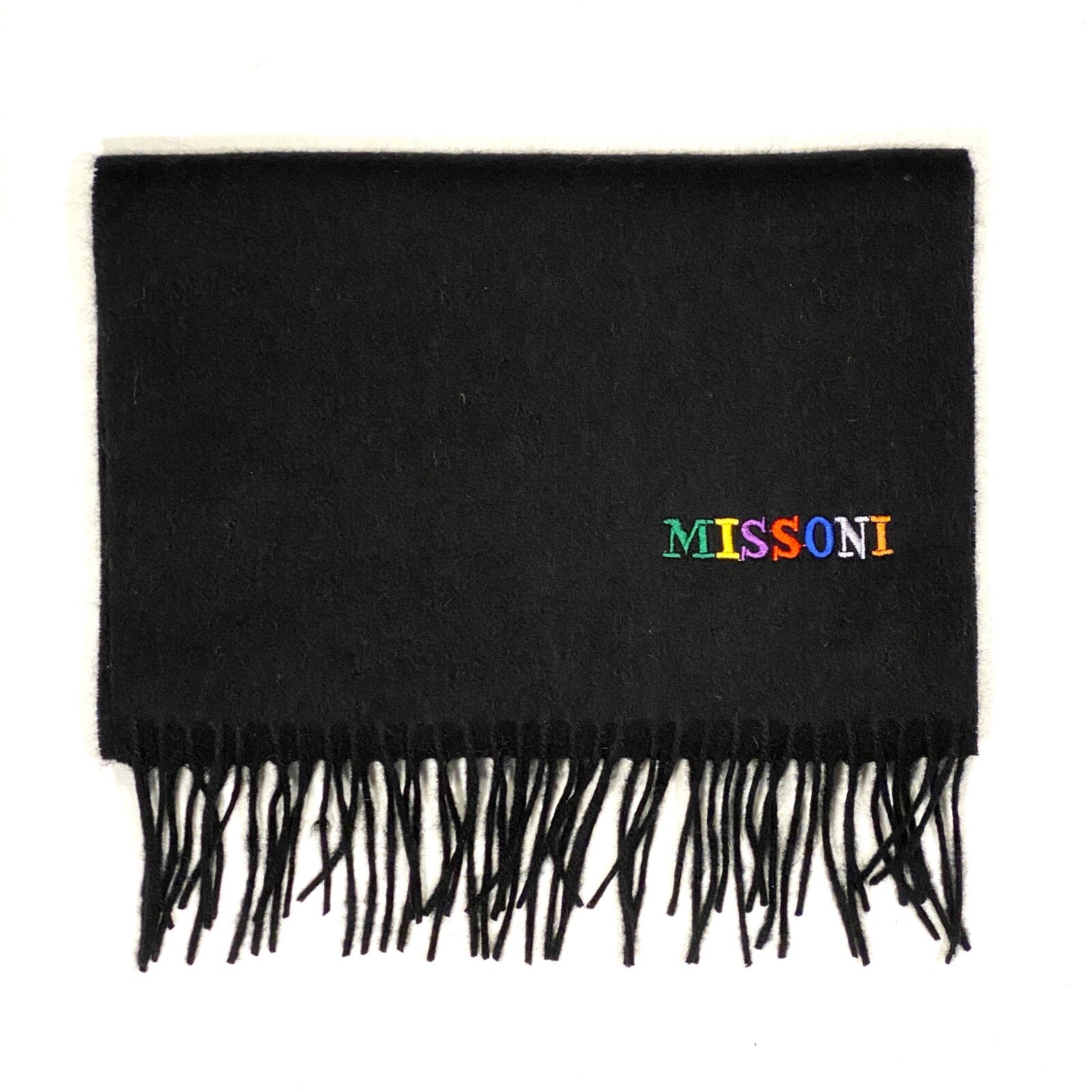 MISSONI Mens Womens Wool Fringe Scarf Multicolor Logo Black Gray Red